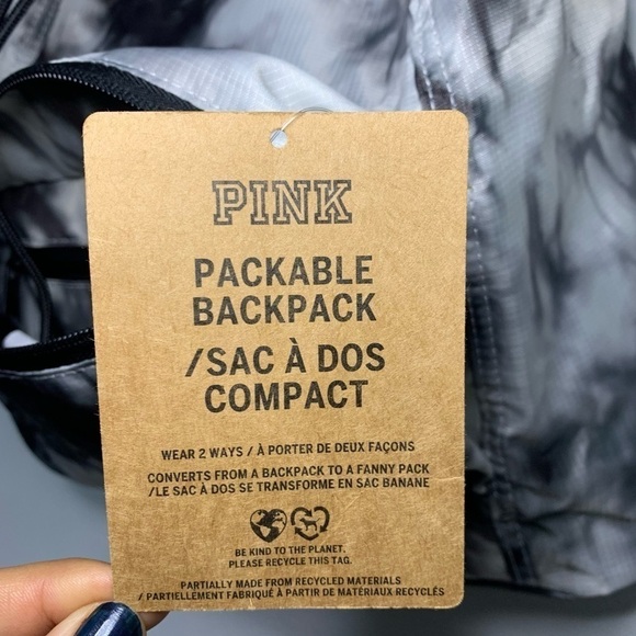 Victoria’s Secret PINK Packable Backpack Belt Bag Black/Gray Abstract Tie Dye - Picture 10 of 11
